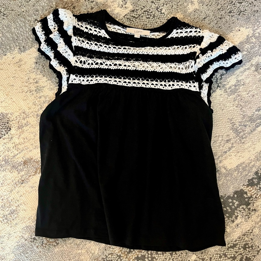LOFT Striped Black and White Crochet Top